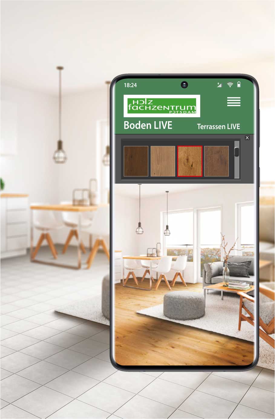 Smartphone mit Ansicht eines Bodenbelages - klicken Sie auf das Bild und gelangen Sie zu Boden LIVE vom Holzfachzentrum Potsdam